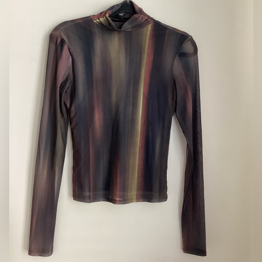Bailey 44 Sheer Mesh Top XS Mock Neck Multi Color Long Sleeve Abstract Print